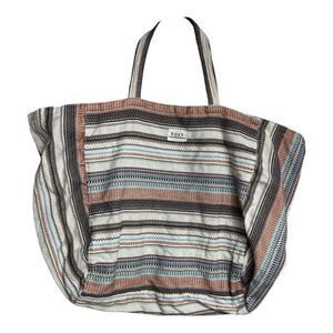 Roxy Time Is Now Canvas Tote Bag Black White Striped Slouchy Gym Beach Bag